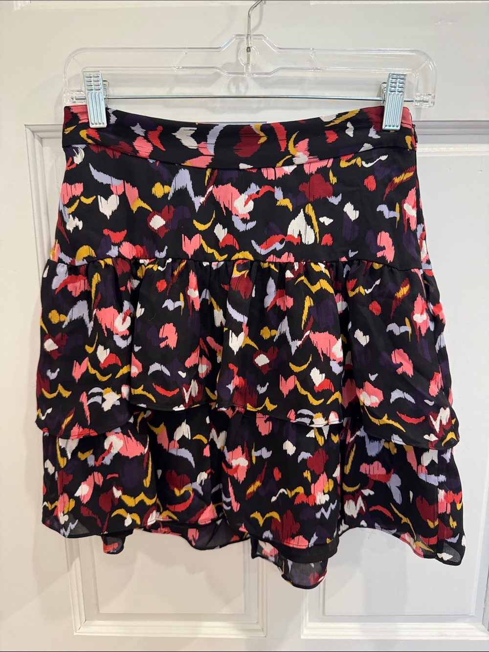 A.L.C. Black Tiered Mini Skirt with Pink, Red, Yellow & White Abstract Print